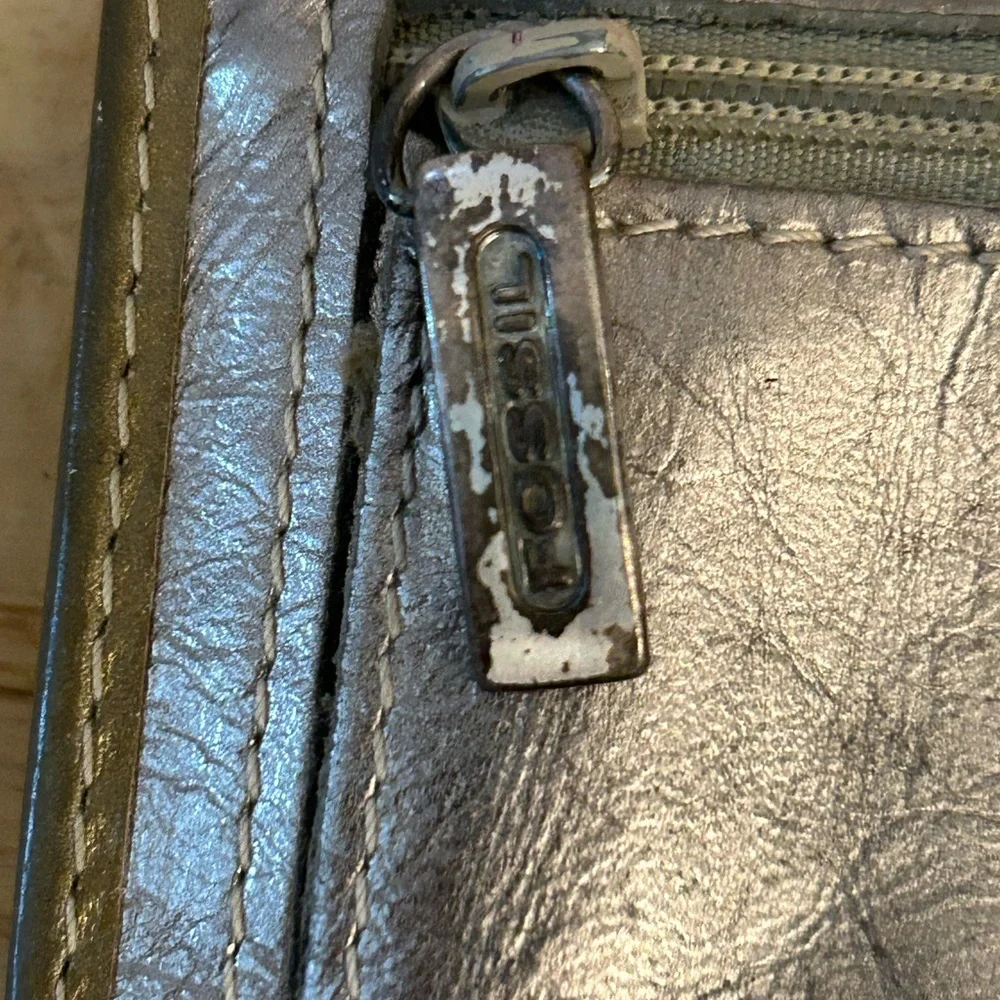 Fossil Logan Leather Tab Clutch Wallet unique multi-metallic patchwork design.